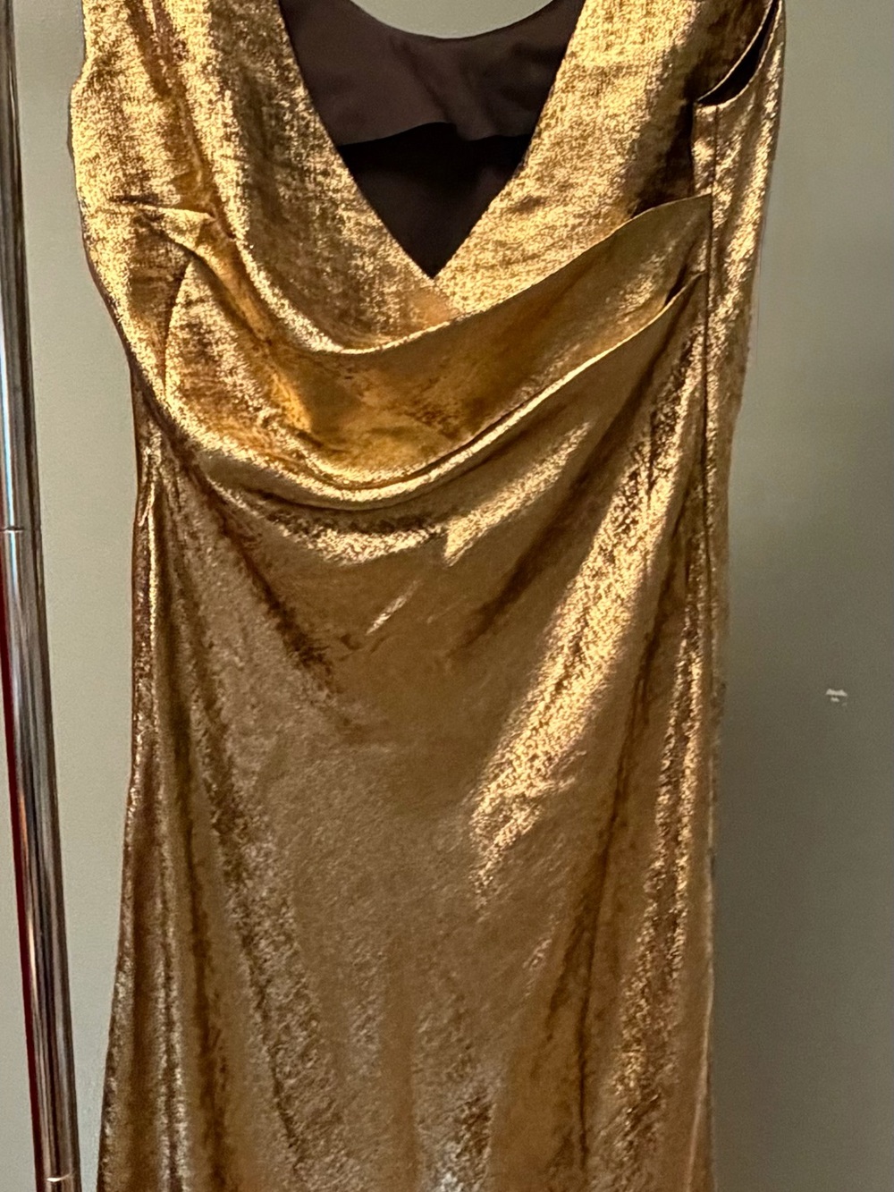 White House Black Market Metallic Gold Cowl Neck Maxi Dress